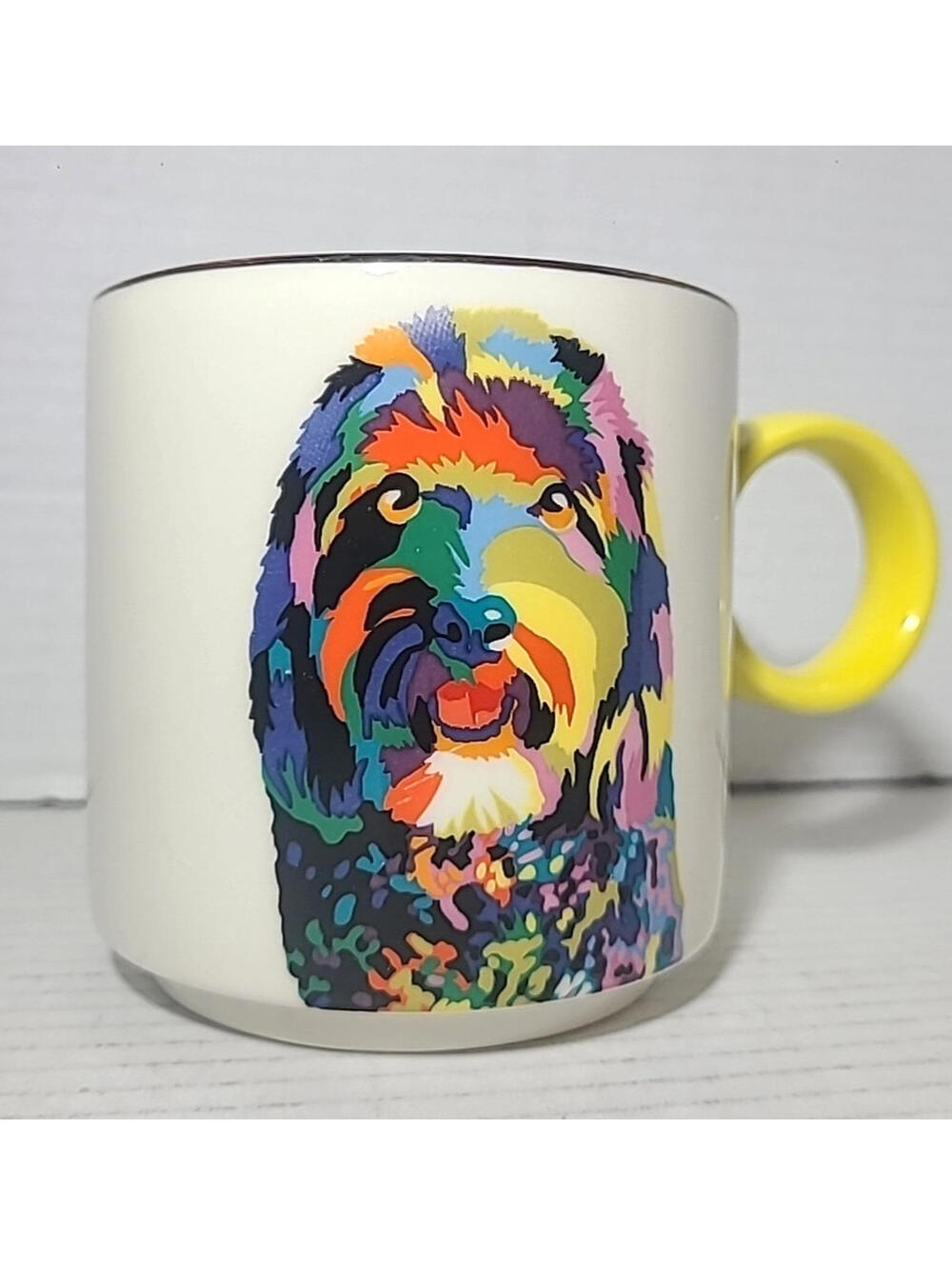 Tabitha Brown Stoneware Doodle Dog Coffee Mug Cup Multicolor Yellow Handle